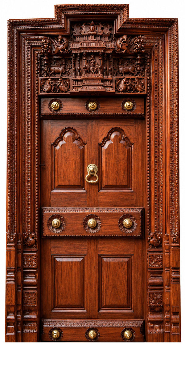 Traditional Chettinad antique teak door with carved frame