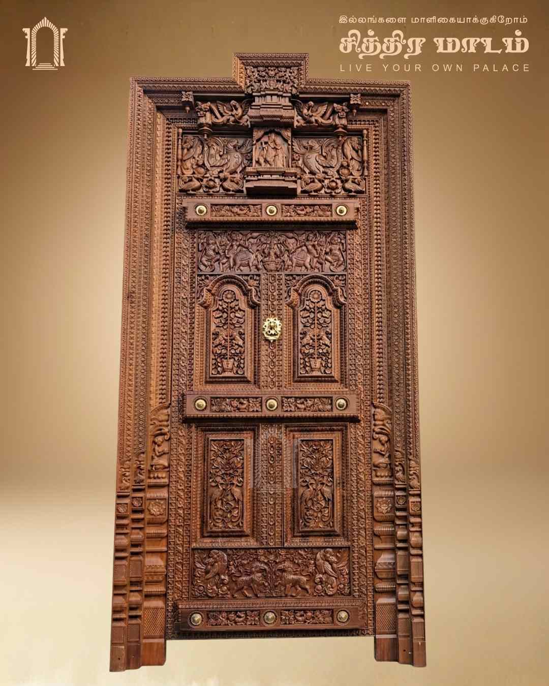 Heritage carved teak door with Radha Krishna panel