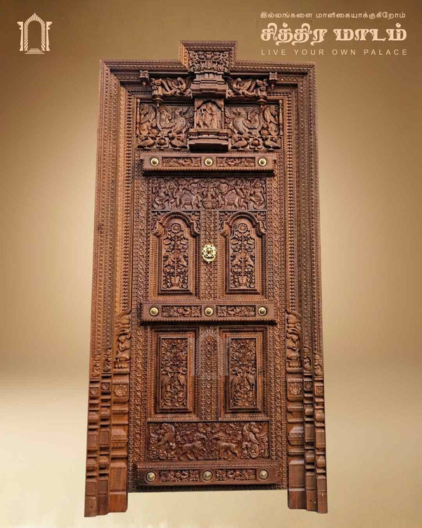 Heritage carved teak door with Radha Krishna panel