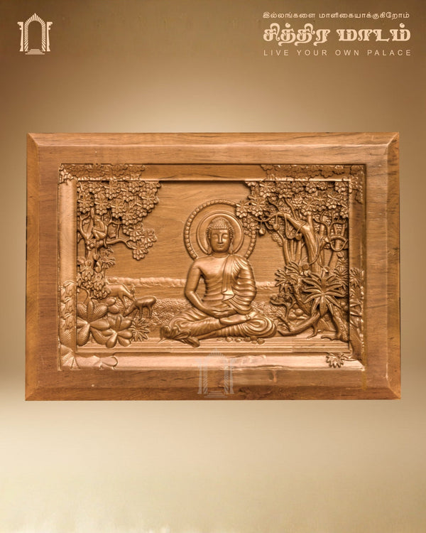 Meditating Buddha teak wood wall panel