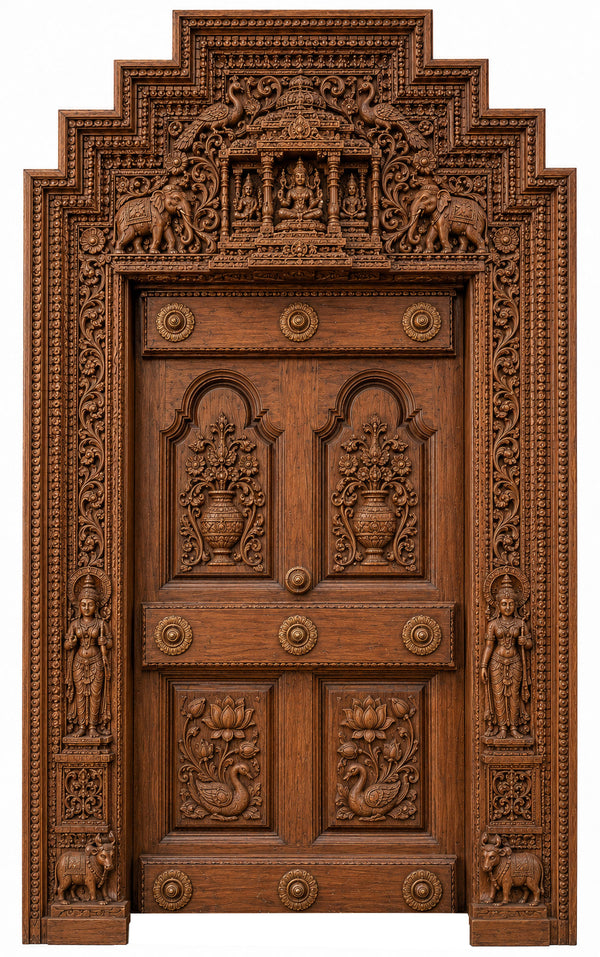 Antique Chettinad teak wood door from Tamil Nadu