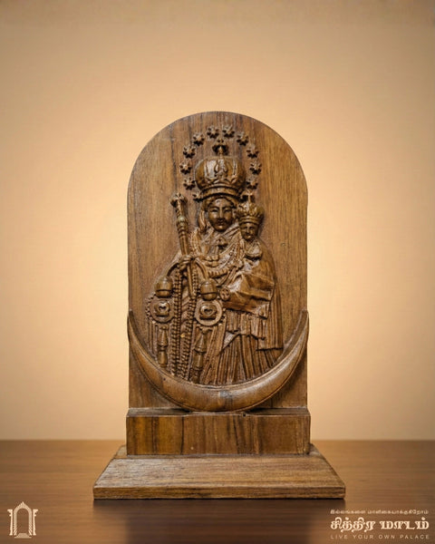 Mother Mary and Infant Jesus Teak Wood Carved Panel – Sacred Christian Art