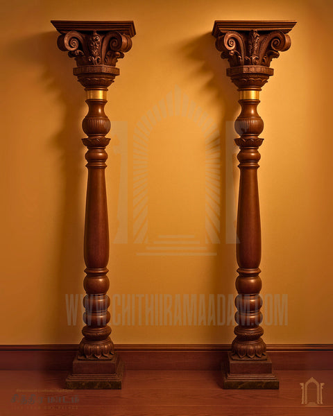 Ornate Teak Wood Pillar – Chettinad Carved Architectural Columns