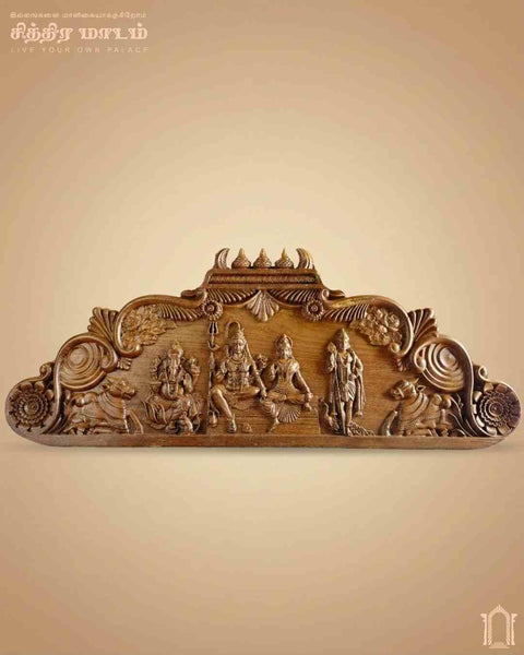 Shiva Parivar Teak Wood Wall Panel – Chettinad Divine Family Artwork